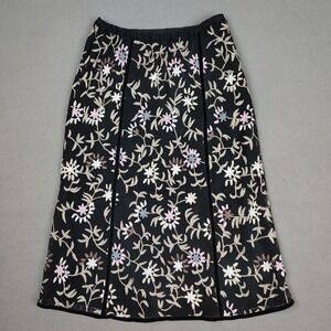Sigrid Olsen Skirt Women 4 Black Embroidered Floral Pattern Midi Stretchy Lined